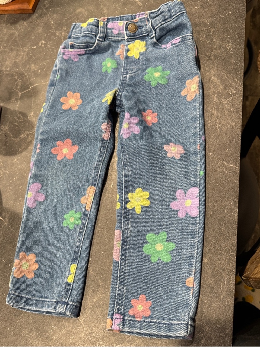 Kids Floral Print Denim Jeans - Blue with Multicolor Flowers 3T